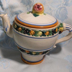 Rare Hand Made Painted Embossed Italian Tea Pot Fruit Yellows Green Blue Gold